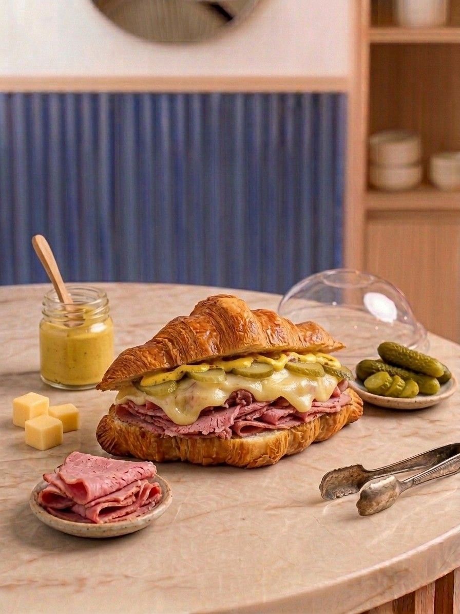 Croissant Club New York Deli com pastrami, queijo derretido, pickles e mostarda