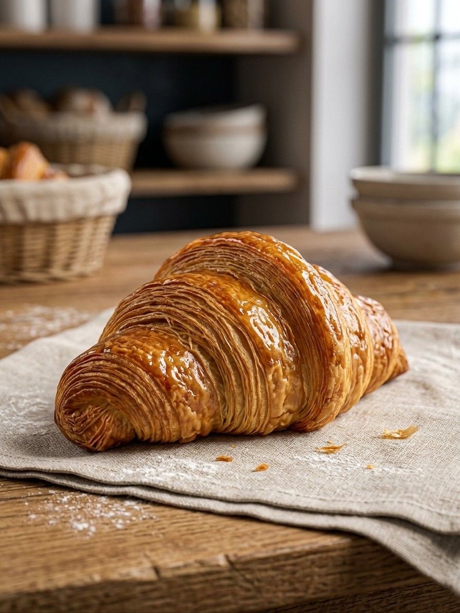 Croissant de manteiga folhado, acabado de sair do forno, na BIKA em Olhão